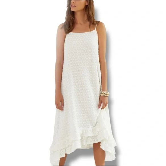 Anthropologie NEW Chic Asymmetrical White Lace Fully Lined Sleeveless Maxi Dress - Picture 1 of 16